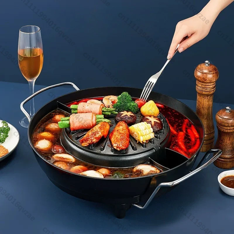 

110V Round Rinse-roast Integrated Pot Multi-functional Electric Hot Pot Household Barbecue Pot Non-stick Electric Stove