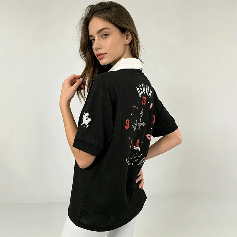 Women Contrast White Collar Polo Shirt Short‑Sleeve Back Gothic Letter Embroidery Top Loose Fit Black Tees Y2K Punk Streetwearl