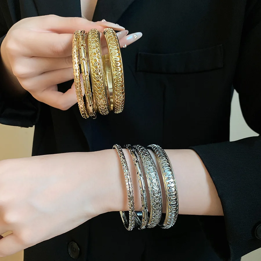 4/8 Pcs Vintage Embossed Stackable Metalic Bangle Set Unisex Europe and America Statement Punk Bracelets Fashion Jewelry Party M