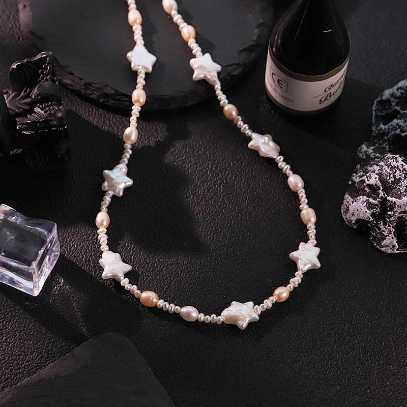 

GLSEEVO Natural Freshwater Baroque Pearl Star Necklace for Women Wedding Bridal Star Pearl Mixed Bead Choker Minimalist Jewelry
