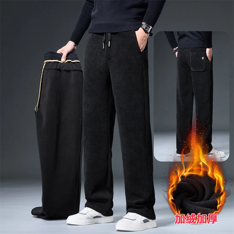 

Men's Casual Pants Thickened Elastic Waist Loose Straight Leg Autumn Winter Fleece Lined Long Trousers Versatile Comfortable