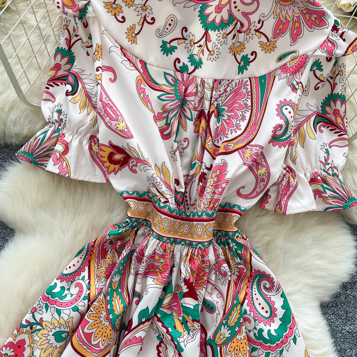 Chic Sexy V-ausschnitt print kurzarm Gespleißt Fee A-linie Sommer Frauen Boho Sommerkleid frauen kleidung mini kleid