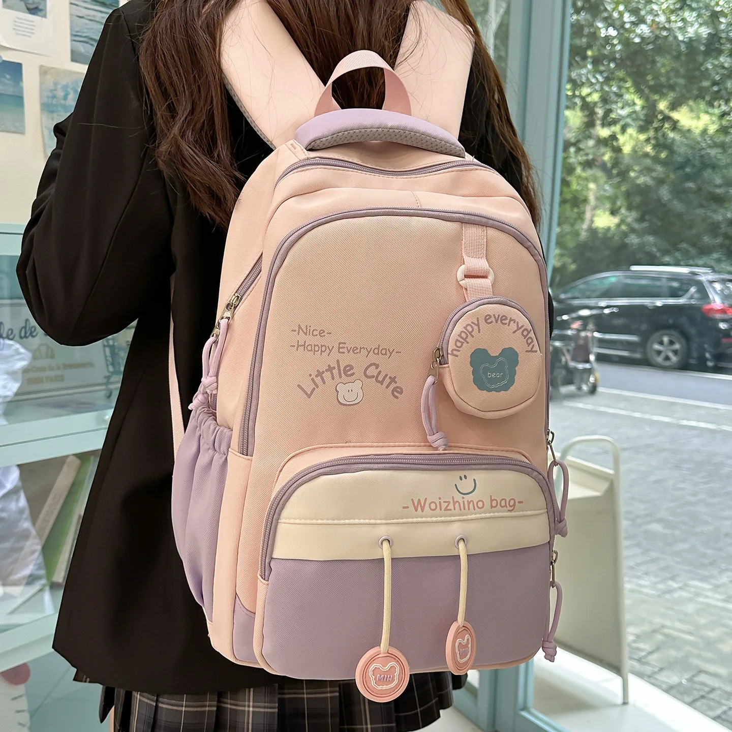 Lightweight nylon fabric student schoolbag, load-reducing large-capacity coin purse pendant, ladies' travel backpack
