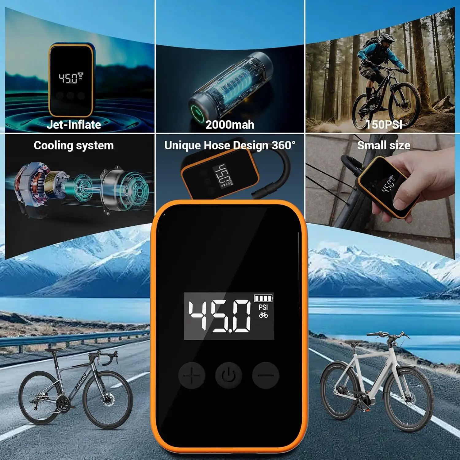 مضخة إطار دراجة كهربائية صغيرة، نفخ سريع 20 ثانية، 150 رطل لكل بوصة مربعة مع مقياس، مضخة هواء محمولة للدراجات الجبلية والطرق، دراجة نارية، Ba