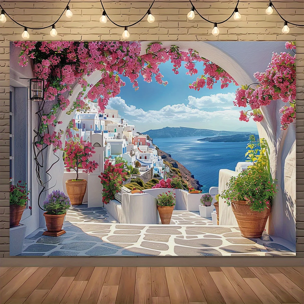 

Баннер для вечеринки в романтическом стиле с цветочным видом на Греческий остров Санторини - украшение для дома на день рождения, полиэстер