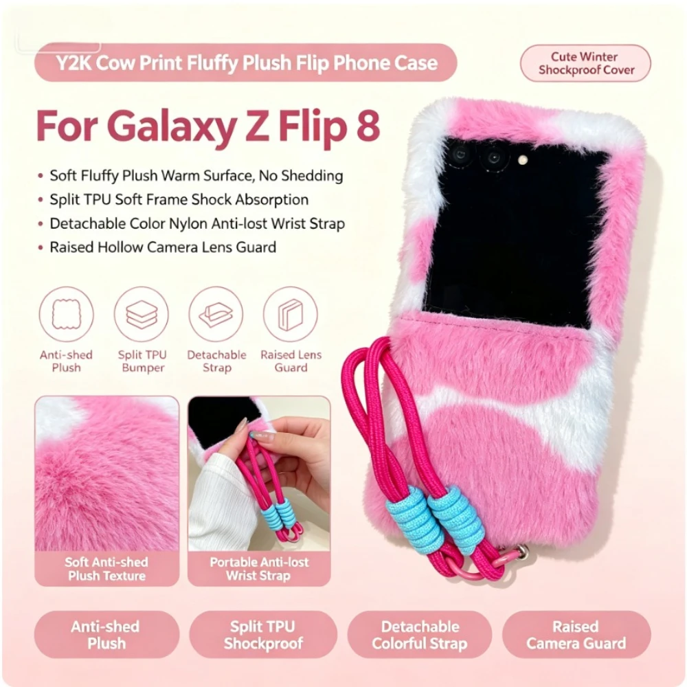 Cow Print Shape Plush Fur Slim Case With Anti-loss Lanyard For Samsung Galaxy Z Flip 8 7FE 7 6 5 4 3 Cute Fluffy Anti-drop Cover