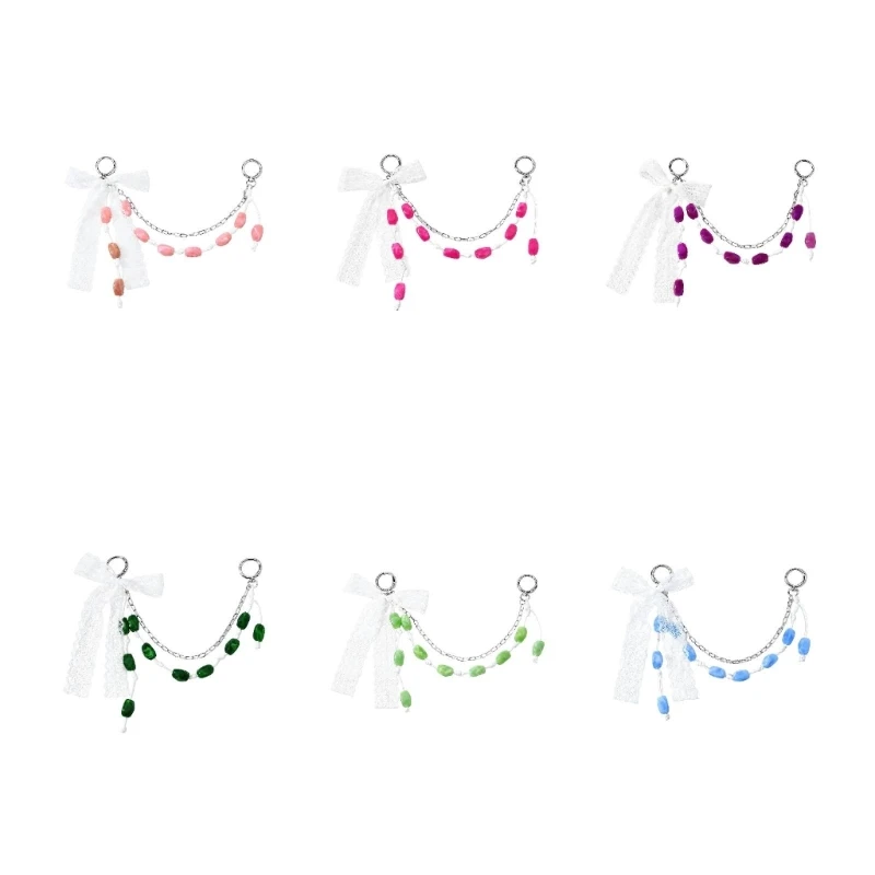 195C Beaded Keychain with Acrylic Faux-Stone Beads and White Lace Accent, 2 Spring-Gate Rings for Keys or Bag Charm Use