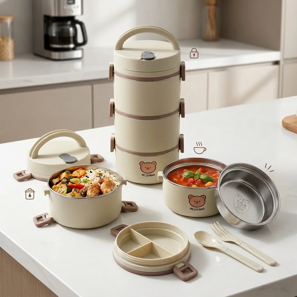 Microwavable 304 Stainless Steel Bento Lunch Box Portable Thermal Insulated Food Container Leakproof 2/3 Tier for Kids Adults