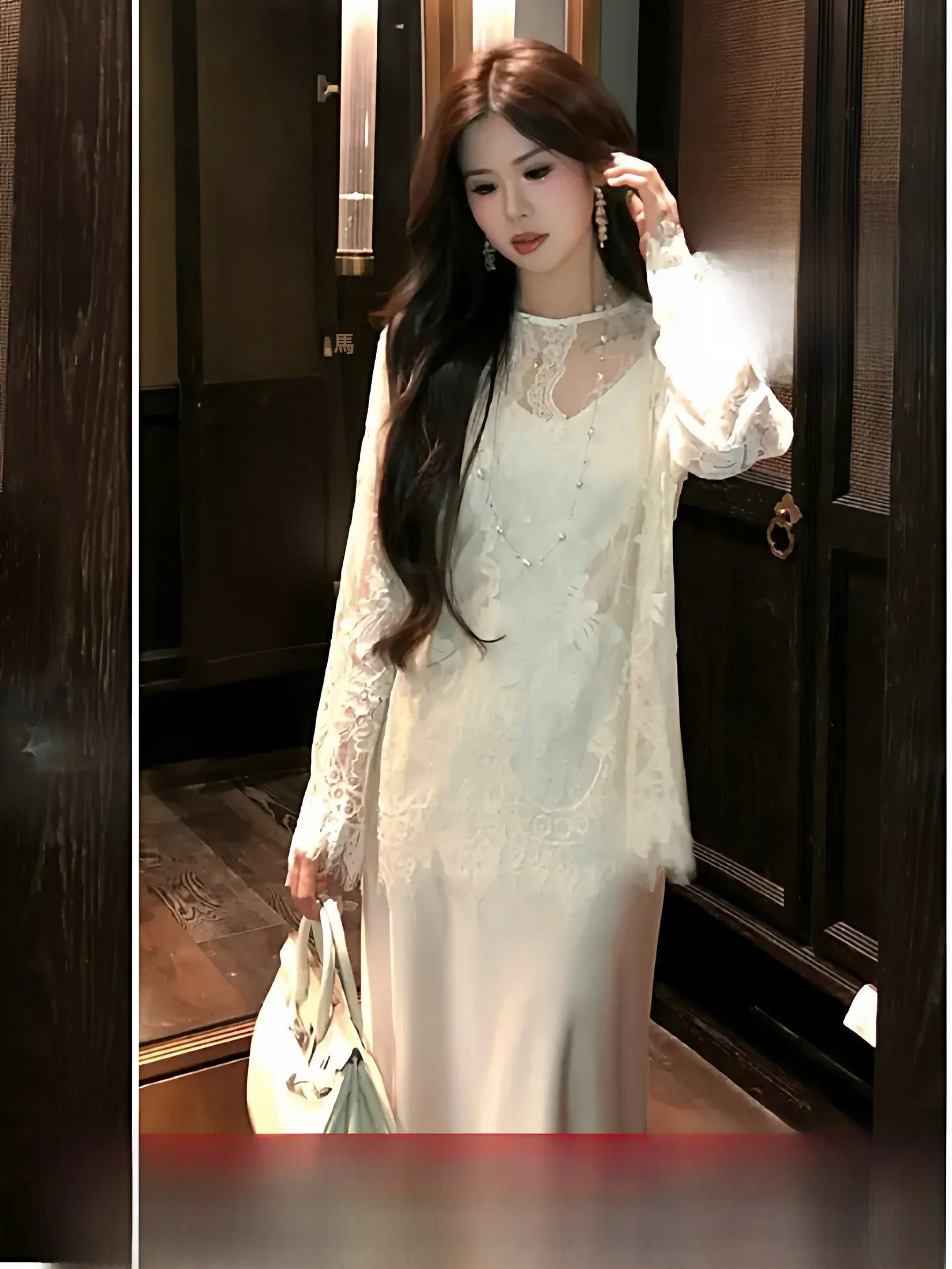 

Elegant Pearl Long Strap V-neck Women's Dress Pink Satin High Waist French Style Summer Slim Fit Casual No Sleeve Dress