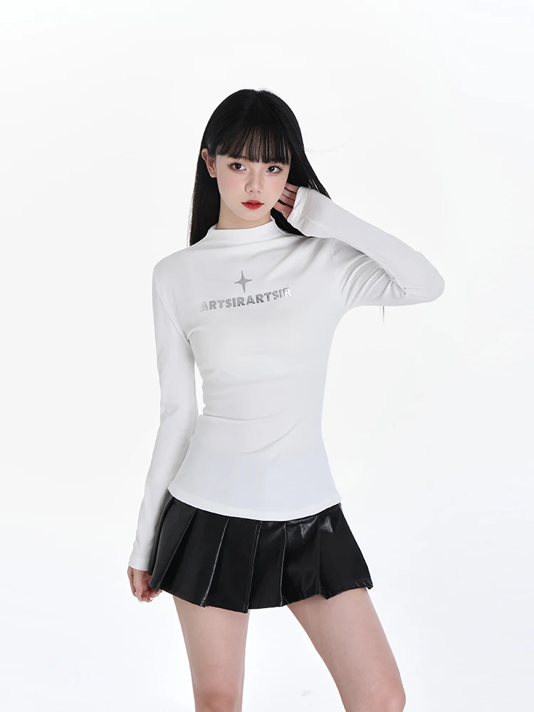 Spicy Girl Half High Collar Long Sleeve Women's Slim Fit Base Shirt Pure Desire Style White Inner Wear T-Shirt Cotton Polyest...