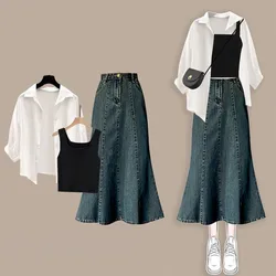 Women's 2024 Summer New Dress Matching Set Korean Elegant Sunscreen Shirt+Tank Top+Denim Skirt Three Piece Suit Female Clothing