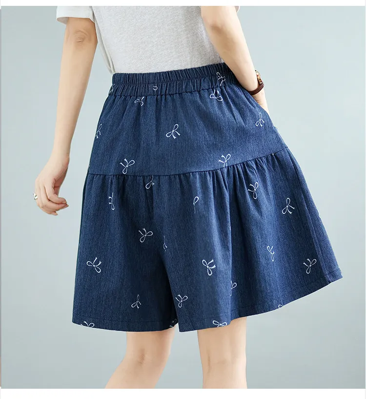 Summer Fashion Women's Large Size Denim Shorts Elastic Waist Chic Print Thin Loose Casual Wide Leg Half Length Pants Female
