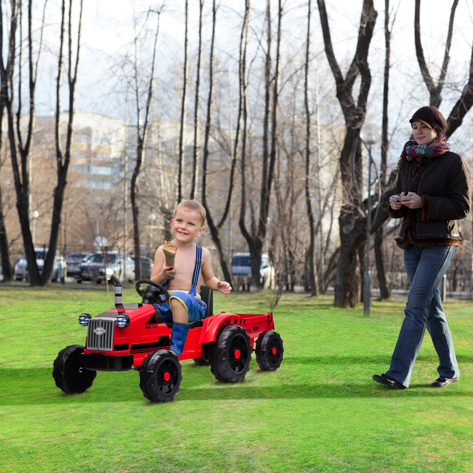 Nieuwe Rit Op Auto Elektrische Auto Voor Kinderen Afstandsbediening Auto Dual Drive Speelgoed Tractor Met Aanhangwagen, 3-Versnellingspook Grondlader Rijden Op