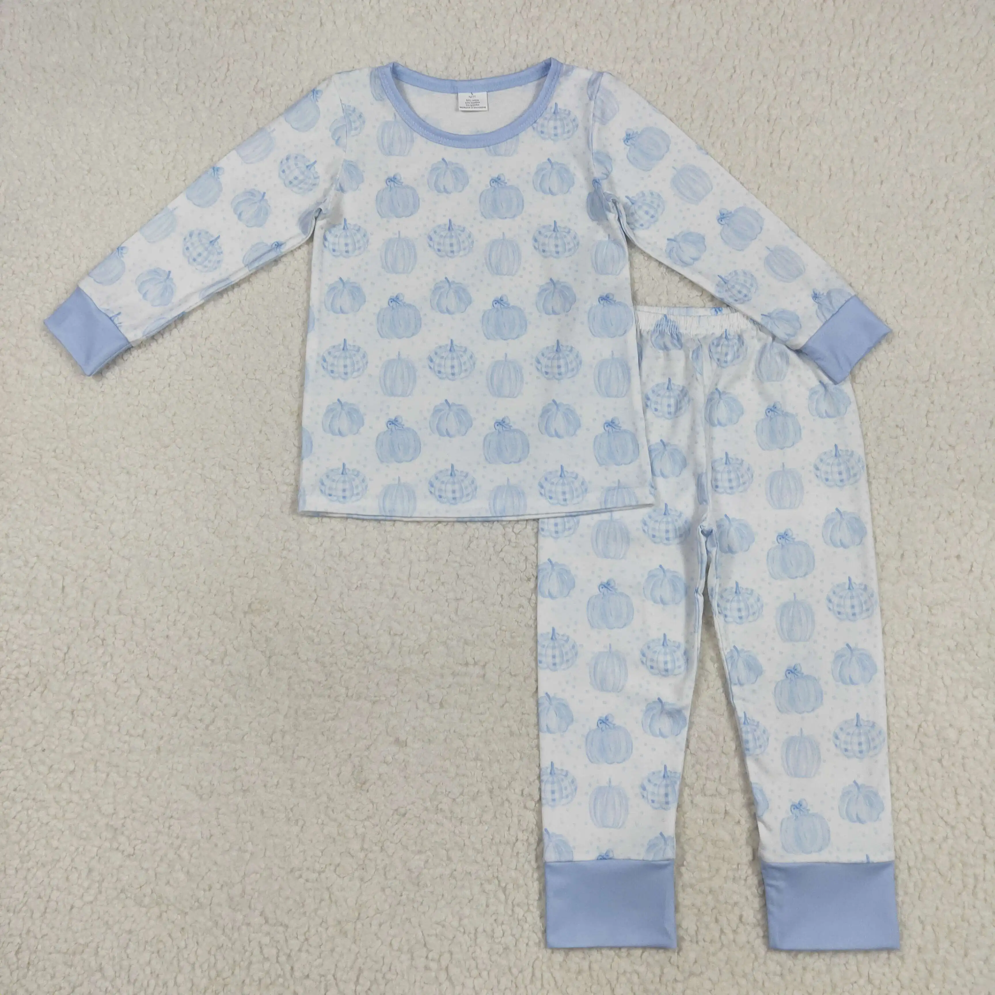 

Thanksgiving boys winter clothing wholesale boutique bamboo pumpkin pattern pink and white long sleeve long pants pajama set