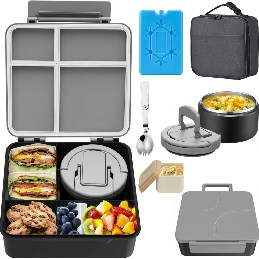 Auslaufsicheres Bento-Lunchbox-Set für Kinder mit 8 Unzen Suppen-Thermo, 4 Fächer, Behälter für heiße Speisen mit Saucenbecher und Lunchtasche