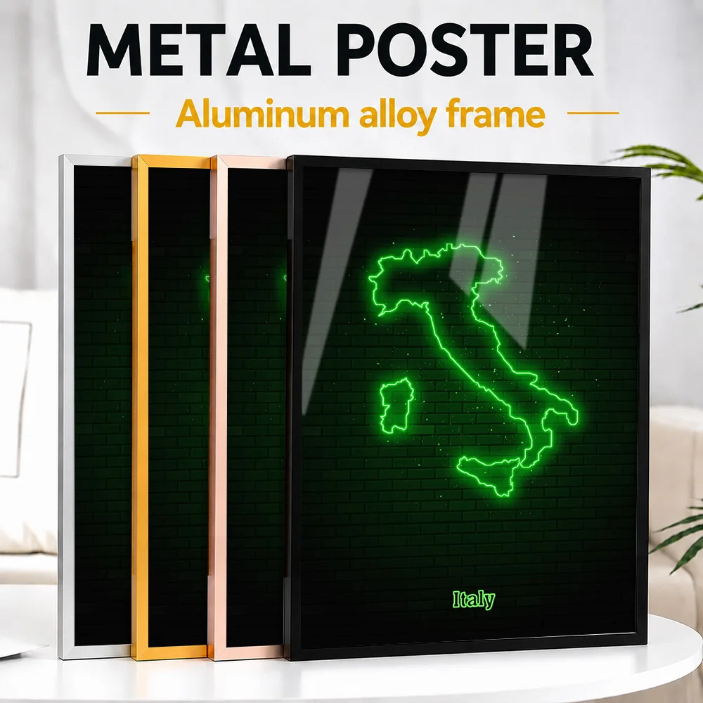 Italy Map Outline Metal Poster With Aluminum Alloy Frame Personalized Neon Style Wall Art For Living Room And Office Reception