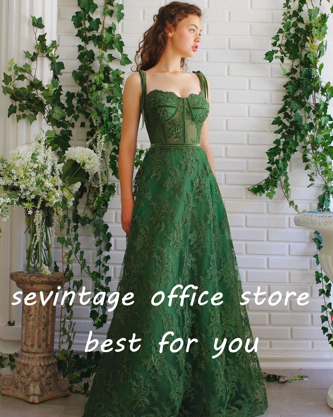 Sevintage Green Tulle abiti lunghi da ballo maniche a sbuffo Appliques di pizzo a-line abiti da sera abito da festa formale con tasche 2022