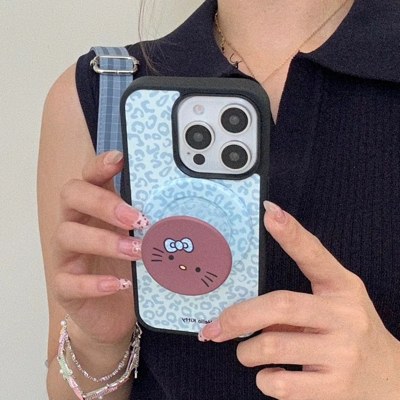 

Luxury leopard print Magsafe Wireless Charge Case For iPhone 13 14 15 16 Pro Max Chocolate color Hello Kitty Magnetic Holder