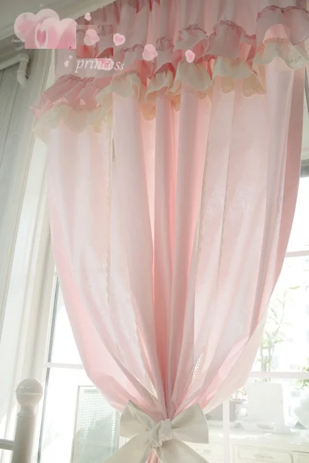 2 pcs 100% Cotton Romantic Princess Curtains for Girl\'s Bedroom Sweet Pink Cortinas with Valance Bowties Pastoral Ruffles Drapes