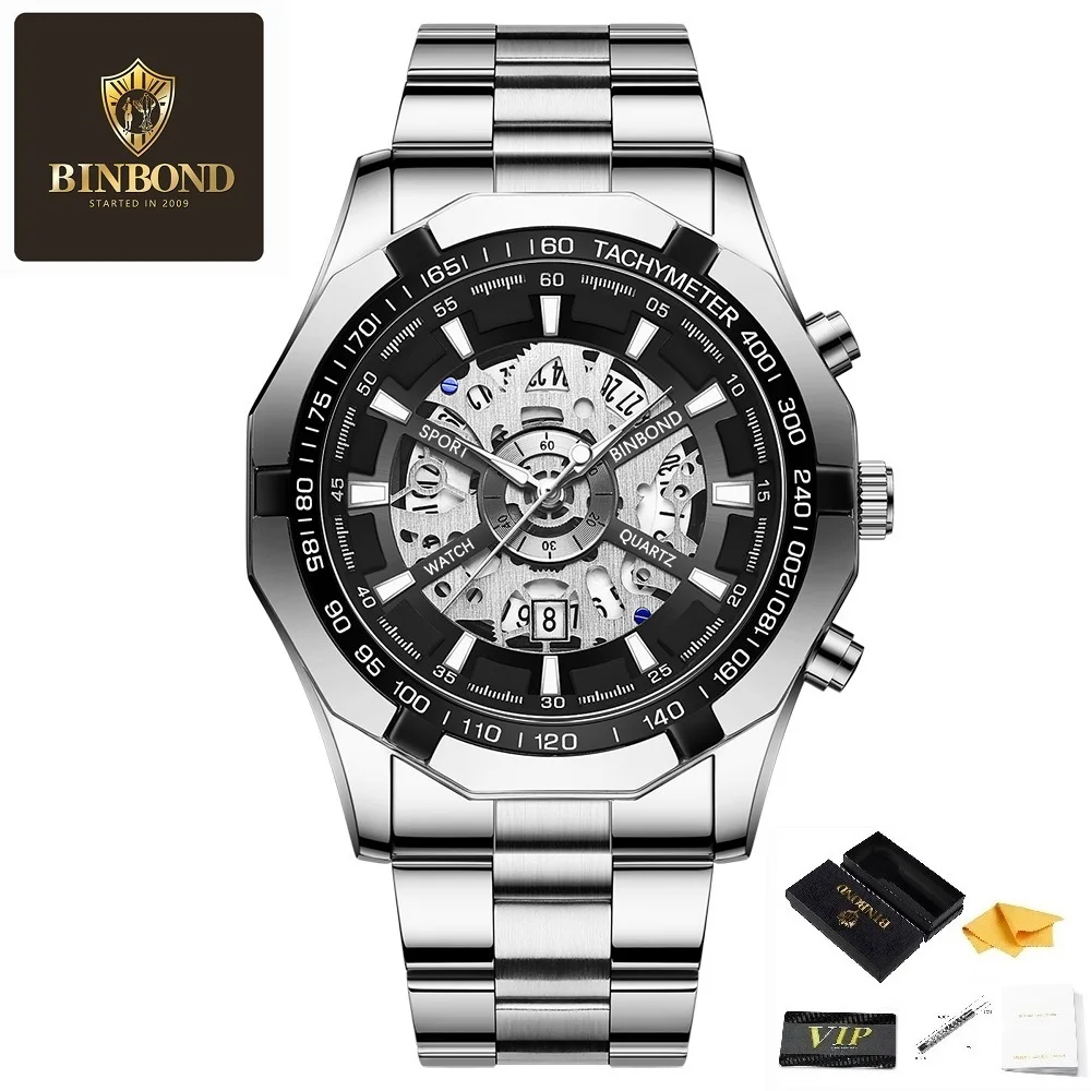 

BINBOND Top Luxury Brand Men's Sports Quartz Watch with Hollowed Out Dial Design and Luminous Display Function To Show Date