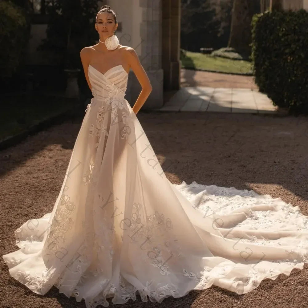 Customized Graceful Temperament  V-neck Wedding Dresses Off-the-shoulder Organza Decal A Line Tailing Romantic Beach Bridal Gown