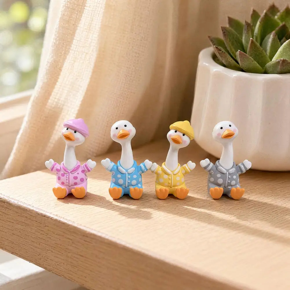 Cute Mini Duck Figurine 4Pcs Cartoon Polka Dot Pajamas Macaron Animal Statue Ornament Car Desktop Micro Landscape Home Decor
