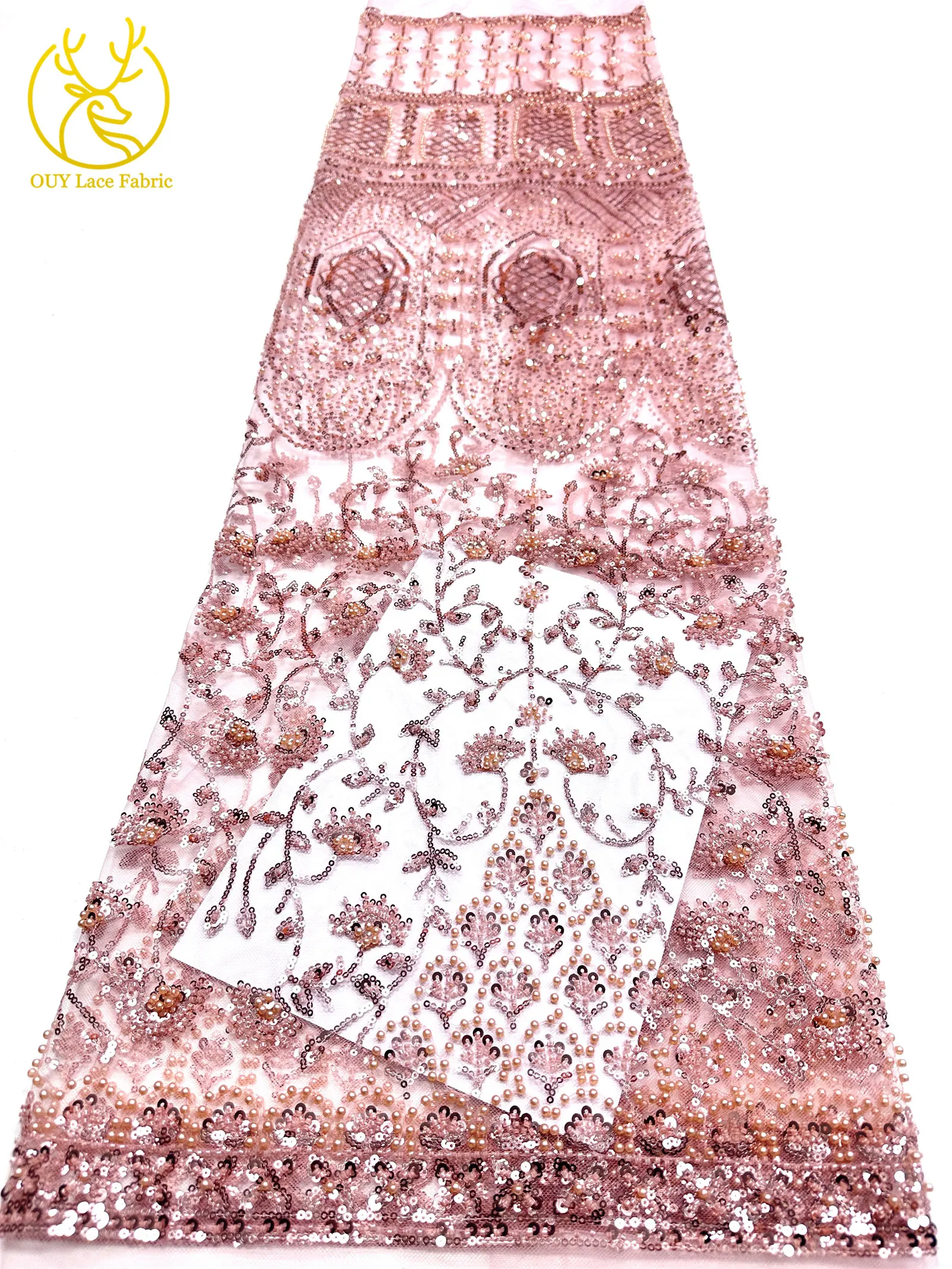 Afrikanischer Perlenstickerei-Spitzenstoff 2026 Hochwertiger Nigerianischer Pailletten-Spitzenstoff Französischer Braut-Hochzeits-Abendkleid-Nähstoff 5Y – Detail 18
