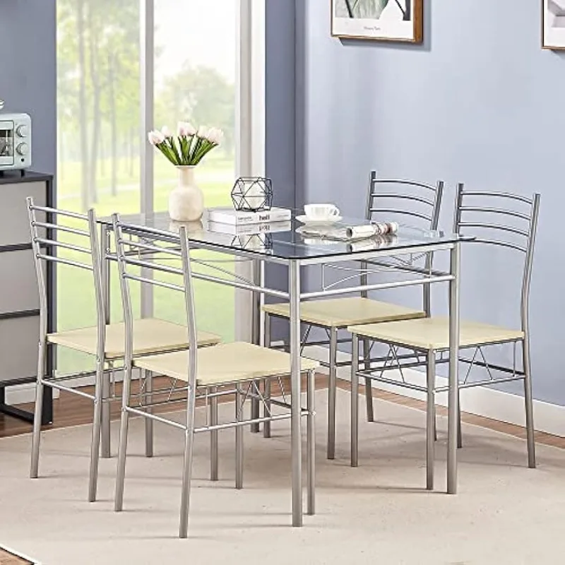 Kitchen Dining Room Table and Chairs 4, 5 Piece Dining Table and Chair Set, Space Saving (Silver)