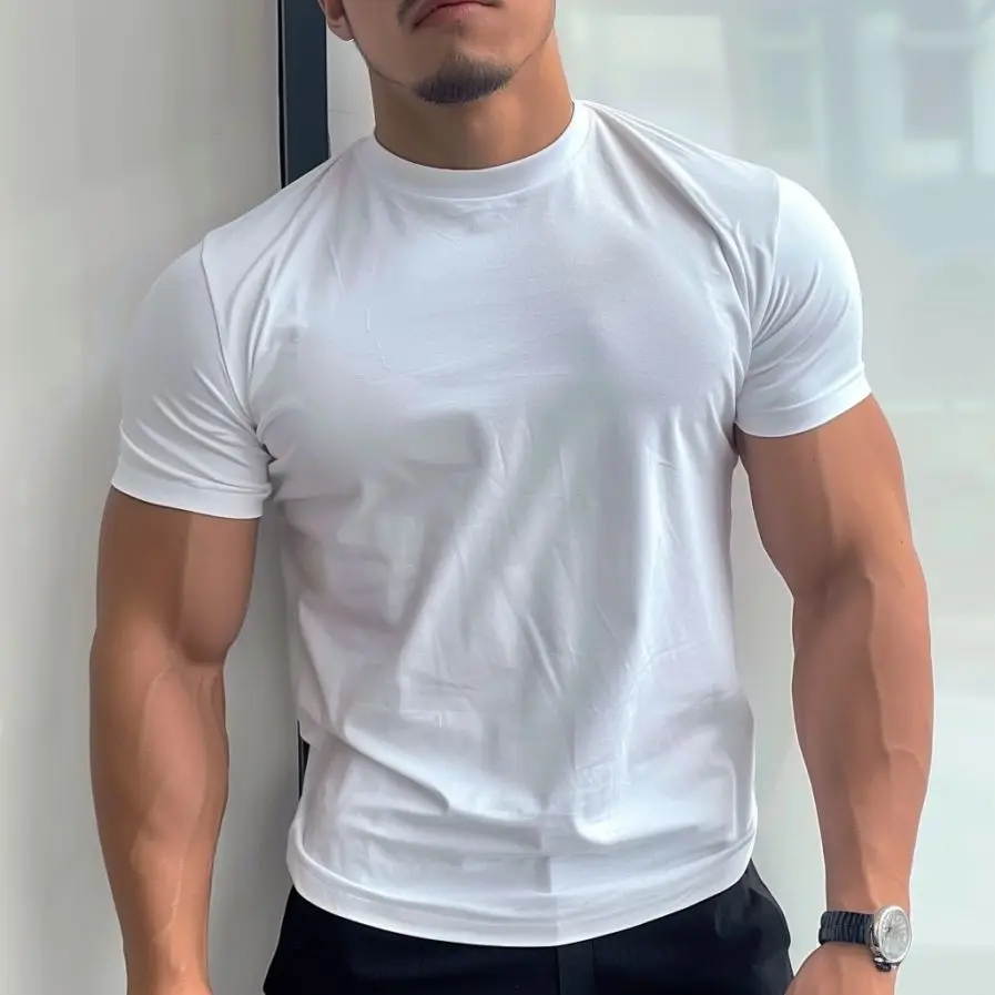 تي شيرت ثقيل الوزن للرجال، التخسيس والتقوية، لون خالص بأكمام قصيرة للياقة البدنية في الصيف، يظهر العضلات