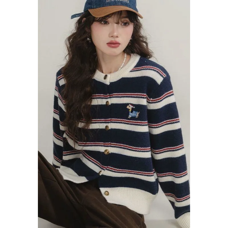 New Striped Contrast Color Round Neck Knitted Cardigan Women's Sweater Puppy Embroidered Top Loose Long Sleeve Jacket