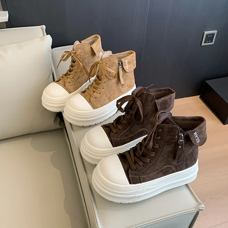 Women Punk High Top Sneakers Canvas Platform Heels Designer Elevator Shoes Lace Up Zip High Street Autumn Flats Brown Boots