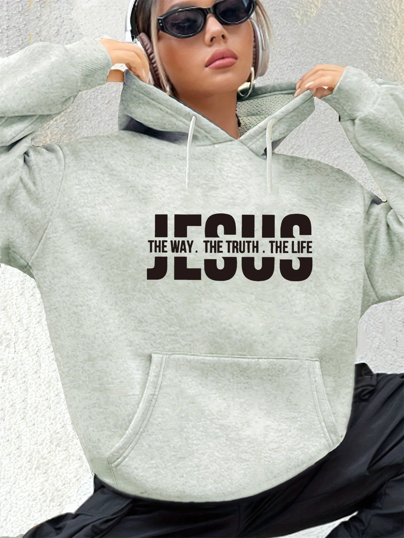 سترة نسائية للخريف والشتاء دافئة وفضفاضة كاجوال مطبوعة بحروف يسوع من جلد الغزال بأكمام طويلة وغطاء للرأس #2