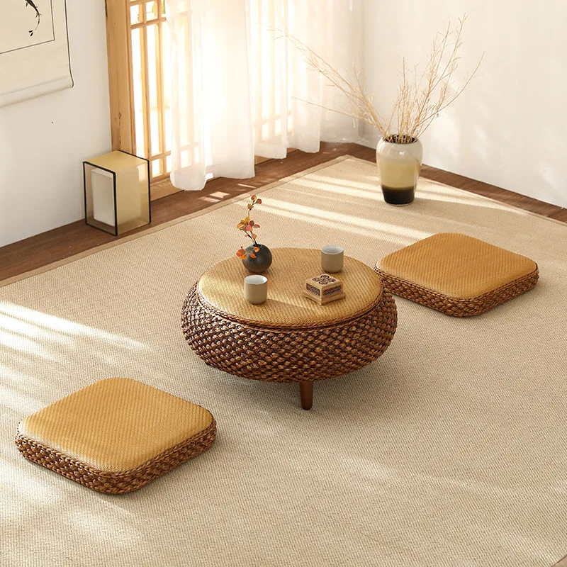 Household Retro Rattan Coffee Table Japanese Style Simple Futon Cushion Solid Wood Window Service tables basses  home furniture