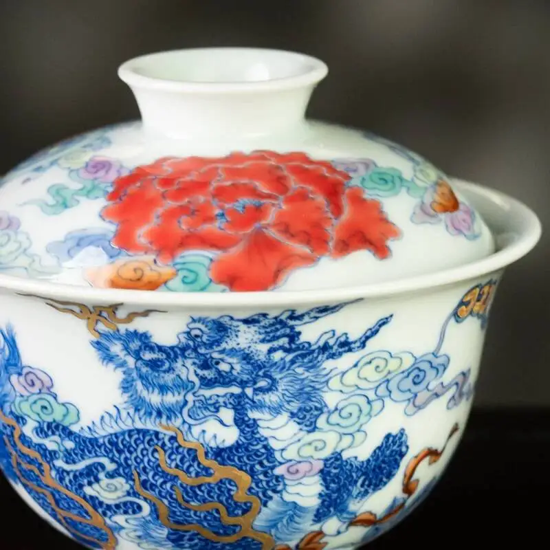 Holy Mountain Jingdezhen Antique-Style Blue White Porcelain Set Dragon And Phoenix Designs, Chinese Handmade Tea Bowl With Lid