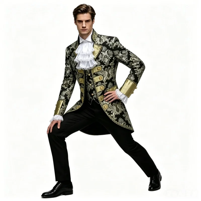 Men's British Style Vintage Court Tuxedo 3-Piece Suit for Wedding Groom Evening Prom Stage Drama Performance Jacquard Stage Wear