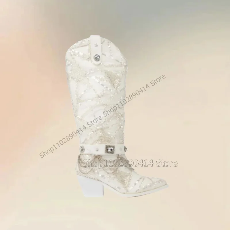 

White Sequins Metal Chain Crystal Decor Pointed Toe Boots Slip On Women Shoes Chunky High Heels Fashion 2025 Zapatos Para Mujere