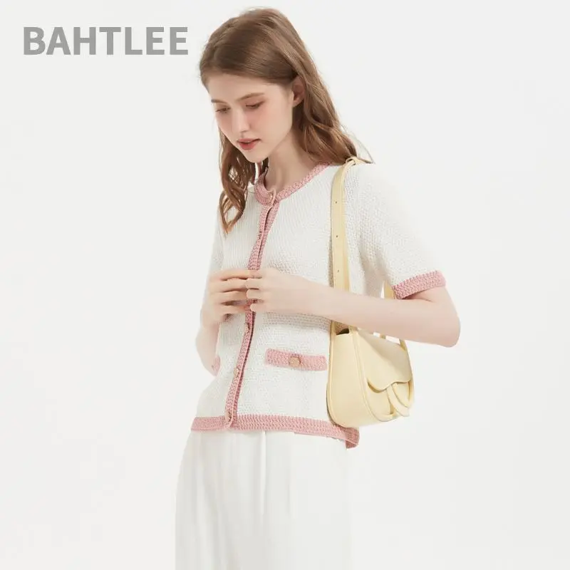 BAHTLEE-Women\'s Linen Short Sleeve O-Neck Cardigan with Button, Knitted Sweaters, Breathe Freely, Short Style, Summer