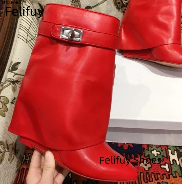 New Height Increasing Women Mid-Calf Boots Shark Lock Metal Decoration Genuine Leather Wedge Shoes women fashion Mid-calf boots