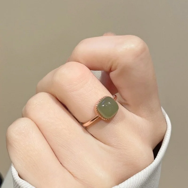 Hot selling imitation Hotan Jade square ring simple jelly bean ring Valentine's Day anniversary gifts for men and women