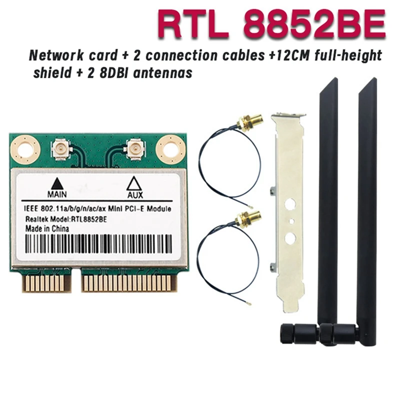 RTL8852BE WiFi 6 Network Card with 8DBI Antennas BT 5.2 Mini PCI-E Dual Band 2.4G/5GHz AX1800 Adapter for Win 10/11-ABFB