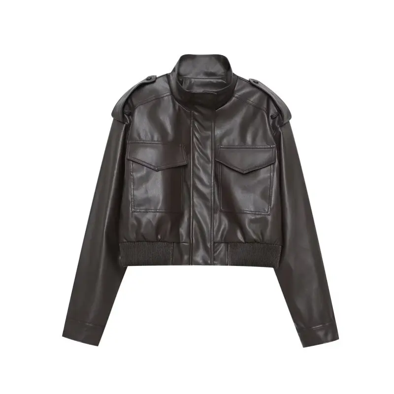 سترة نسائية ريترو PU على طراز الشارع للدراجات النارية بسحاب وجيب علوي ملابس خارجية سترة من الجلد الصناعي معطف للسيدات ملابس الشارع