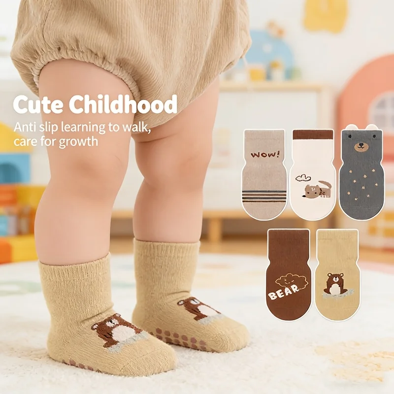 5 pairs of boys and girls' anti slip socks with cute cartoon animal patterns, comfortable and breathable baby floor socks