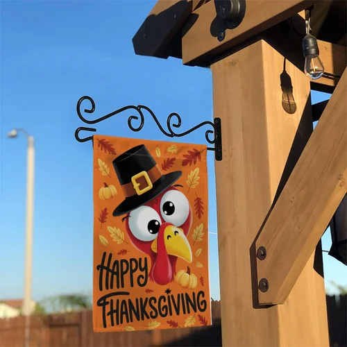 Funny Turkey Happy Thanksgiving Garden Flag – Orange Background Fall Yard Banner JJE DDI GGX