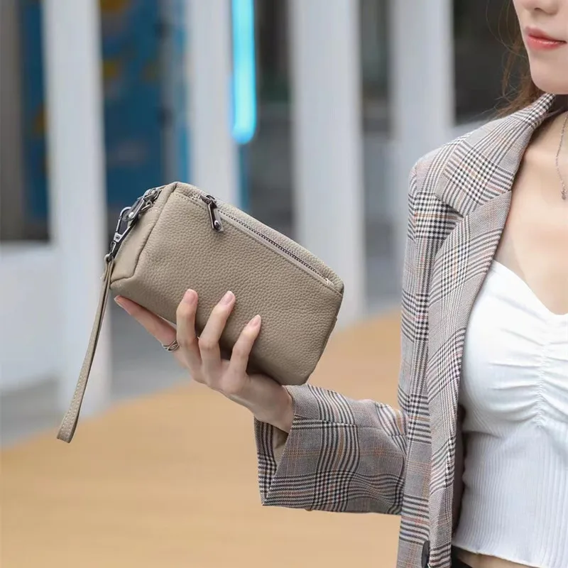 2024 New Large Capacity Three-Layer Zipper Genuine Leather Coin Purse Women Casual Handheld Wallet Mobile Phone Soft Leather ...