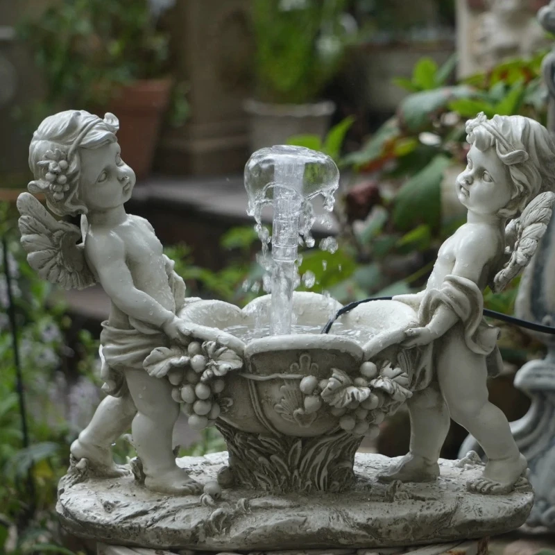 European Angel Fairy Garden Fountain Statue Outdoor Sculpture Planter Rustic Stone Craft Ornament for Courtyard Water Feature