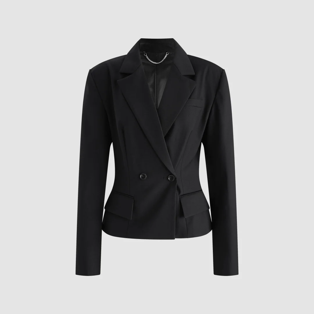 2026 Slim-Fit Double-Breasted Blazer with Chain Detail – Structured Waist-Cinching Jacket in Classic Black