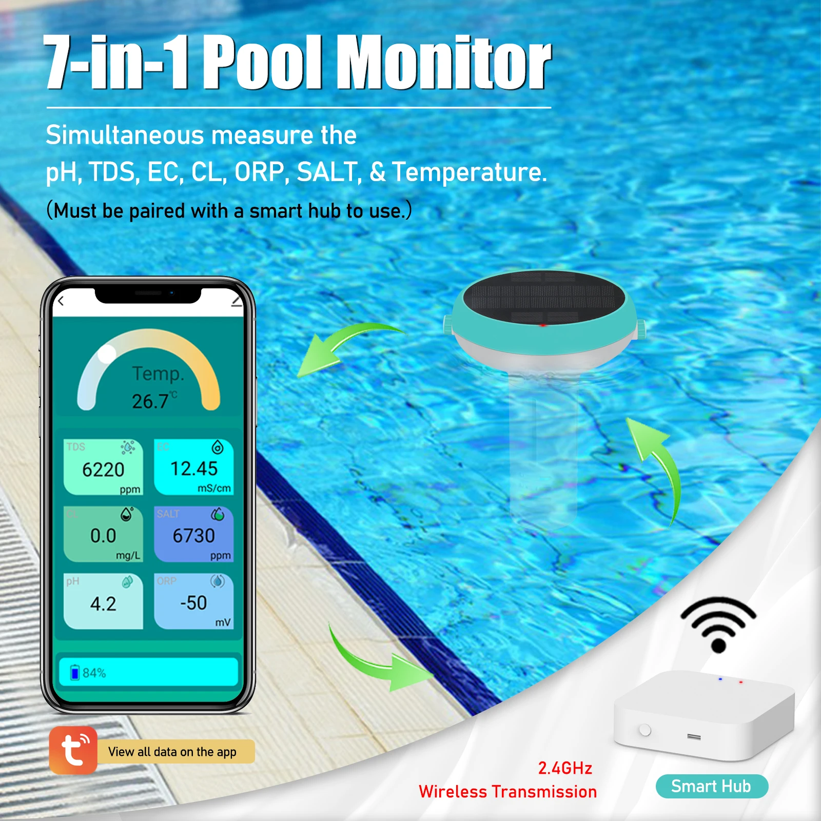 Smart Pool Monitor With Solar Charging WiFi&Zigbee App Control PH TDS EC ORP Salt Temperature Monitoring For Swimming Pool