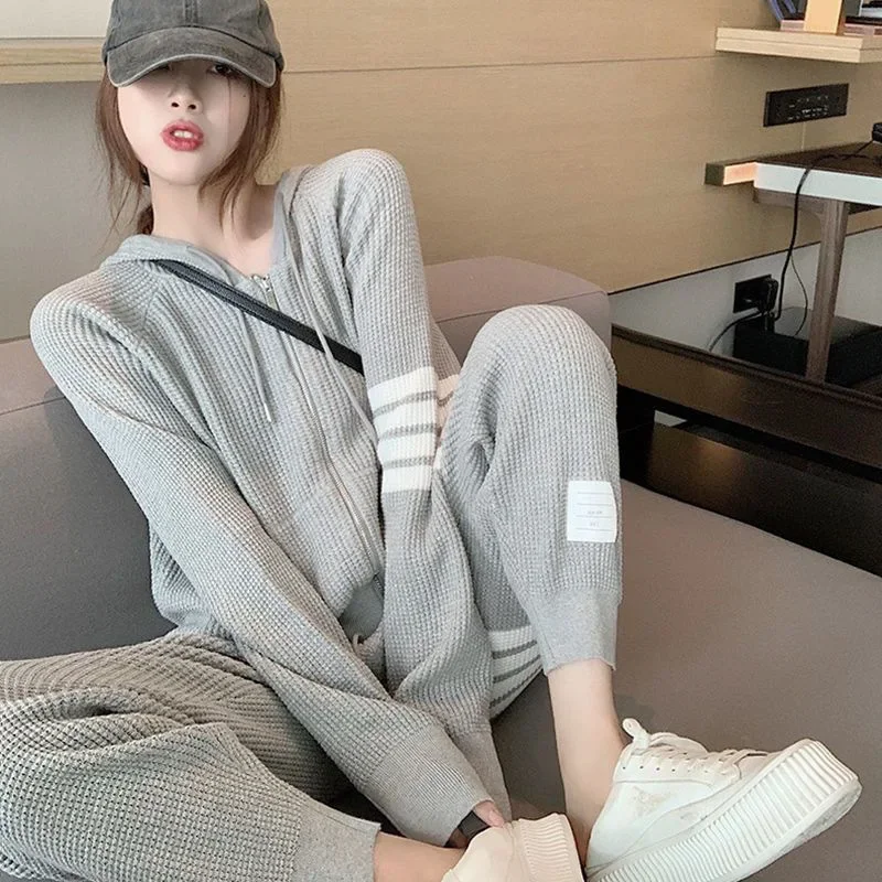 

2023 Spring Autumn Waffle Casual Sports Suit Women Sweatshirt Suit Fried Street Loose Thin Wild Hoodies and Trousers 2 Piece Set
