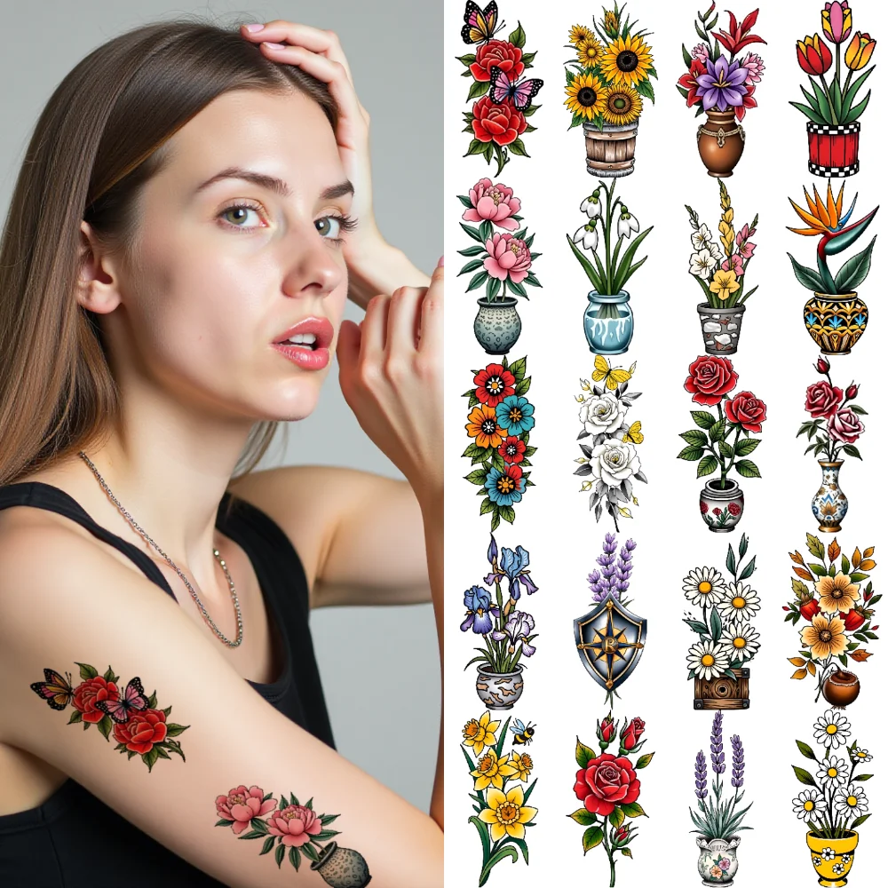 

28pcs Temporary Tattoo White Roses New School Traditional Red Roses Daisies Waterproof Long-lasting Body Stickers Orchid For