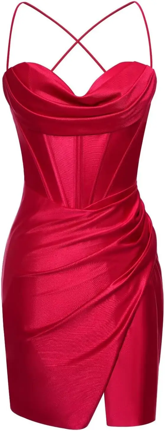 Tracolla sottile con schiena scoperta Abiti da homecoming in raso con scollo a cuore e abito da cocktail corto da ballo a sirena con spacco